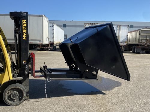 "Standard duty black forklift dump hopper in outdoor warehouse"

"Heavy-duty red tip bin hopper forklift compatible"

"Industrial forklift hopper with automatic bumper release"

"3 cubic yard black steel dump bin"

"Heavy-duty forklift tipping hopper with reinforced frame"