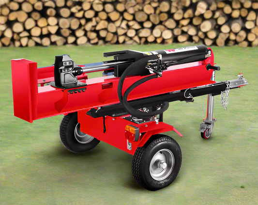 15 HP hydraulic log splitter trailer front angle view
Red 40-ton log splitter with engine and wedge
Towable firewood splitter with heavy-duty tires