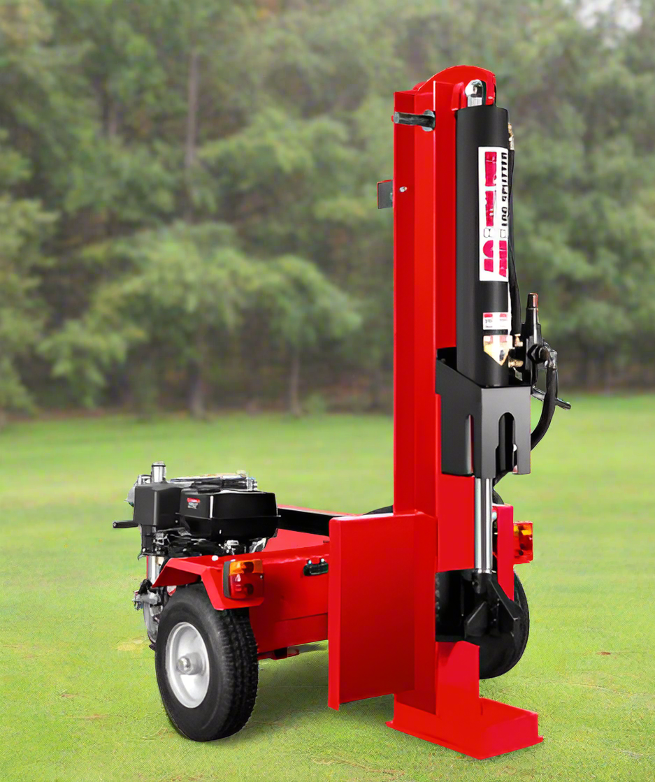 15 HP hydraulic log splitter trailer front angle view
Red 40-ton log splitter with engine and wedge
Towable firewood splitter with heavy-duty tires