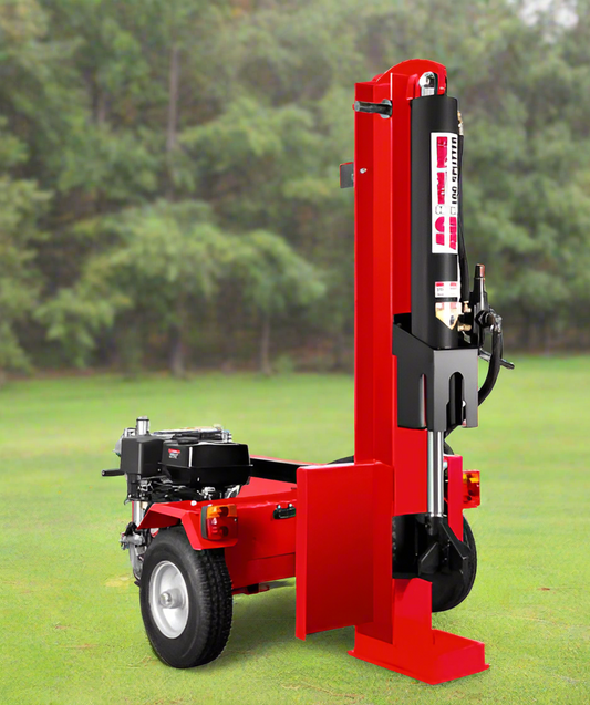 15 HP hydraulic log splitter trailer front angle view
Red 40-ton log splitter with engine and wedge
Towable firewood splitter with heavy-duty tires