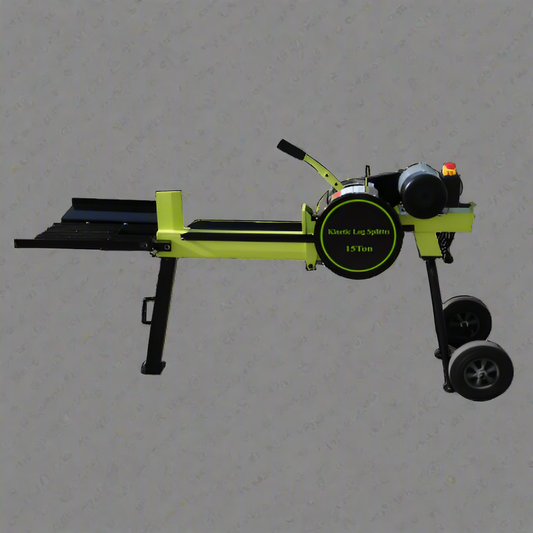 BM11097 electric kinetic log splitter – full side view
15 Ton kinetic log splitter with green housing – front angle
Electric firewood splitter in yard setup – working view