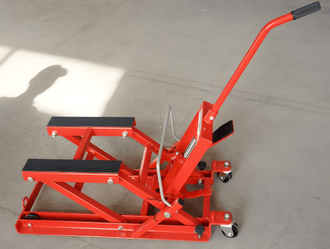 1500 lb red motorcycle and ATV jack with hydraulic lift and swivel wheels

