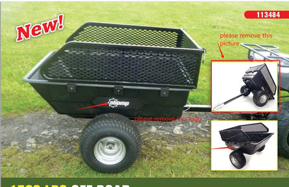 1500 lbs off-road utility trailer hitched to ATV in grass field

heavy-duty dump trailer with tilting steel bed

model 113484 utility trailer with 18-inch off-road tires

rear view of utility trailer loaded with gravel

close-up of powder-coated steel dump bed

