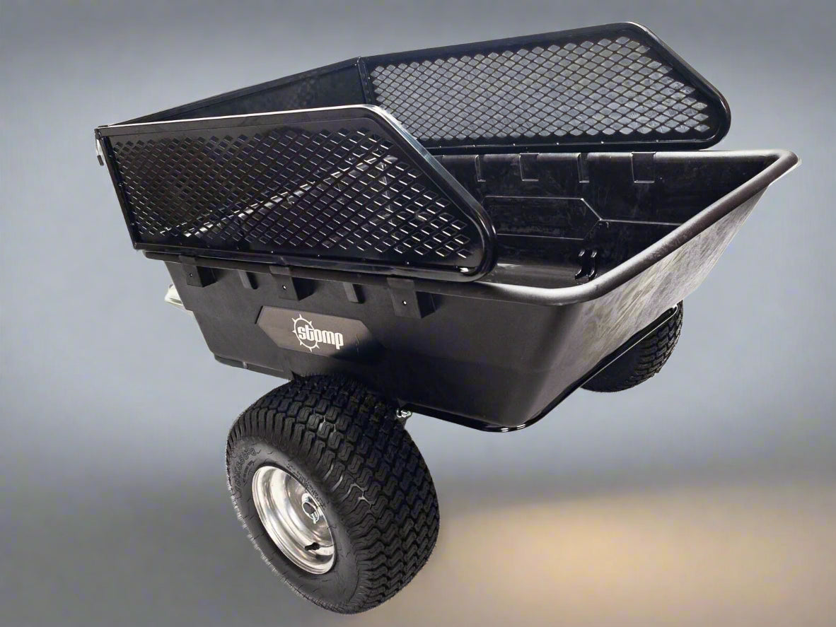 1500 lbs off-road utility trailer hitched to ATV in grass field

heavy-duty dump trailer with tilting steel bed

model 113484 utility trailer with 18-inch off-road tires

rear view of utility trailer loaded with gravel

close-up of powder-coated steel dump bed

