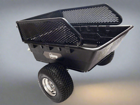 1500 lbs off-road utility trailer hitched to ATV in grass field

heavy-duty dump trailer with tilting steel bed

model 113484 utility trailer with 18-inch off-road tires

rear view of utility trailer loaded with gravel

close-up of powder-coated steel dump bed

