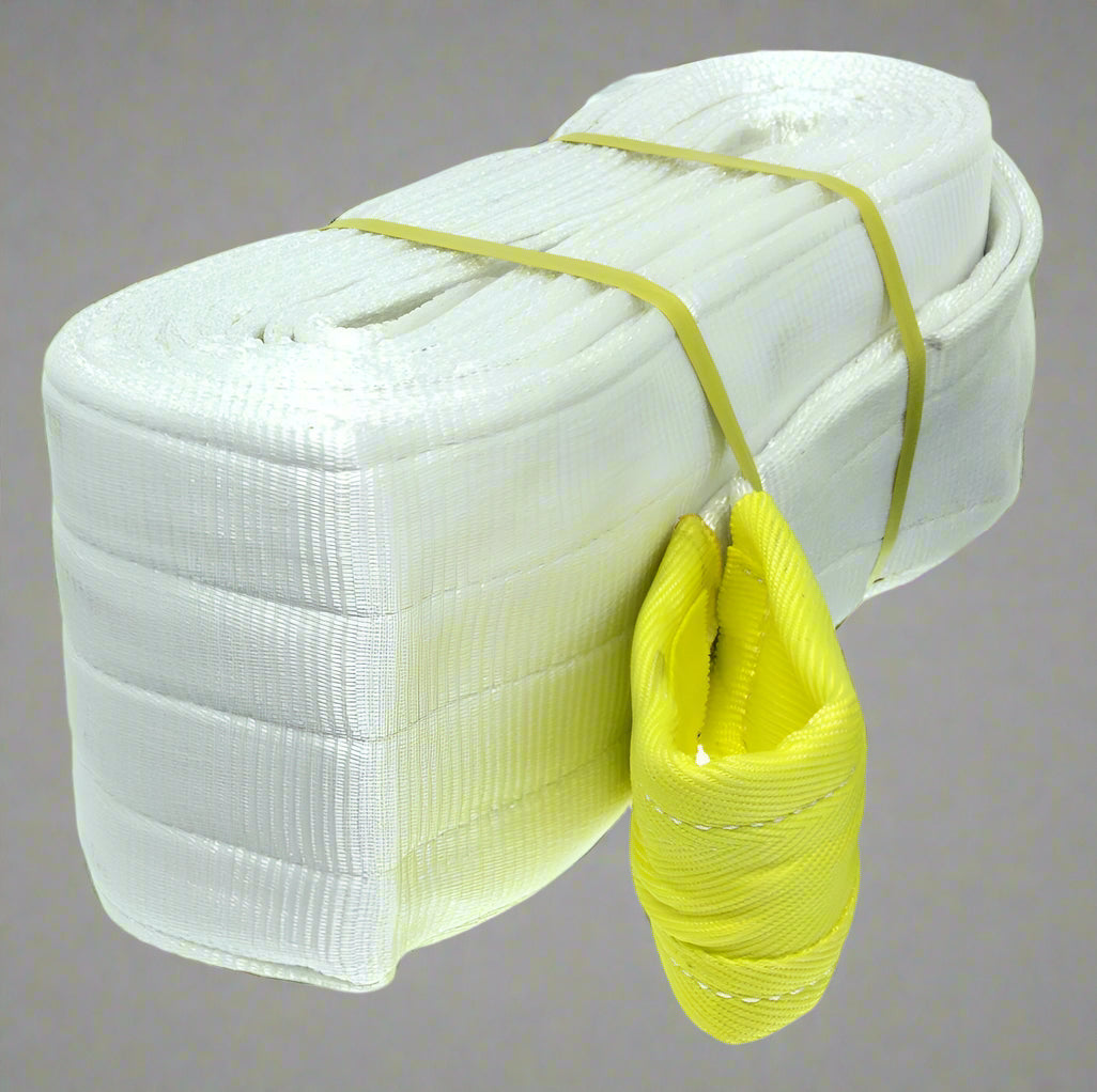 Heavy-duty white nylon tow strap with looped ends

Industrial-grade truck recovery strap folded for packaging

Close-up of reinforced tow strap loop

12" x 30FT white recovery strap rolled

Tow strap rated for 200,000 lbs recovery