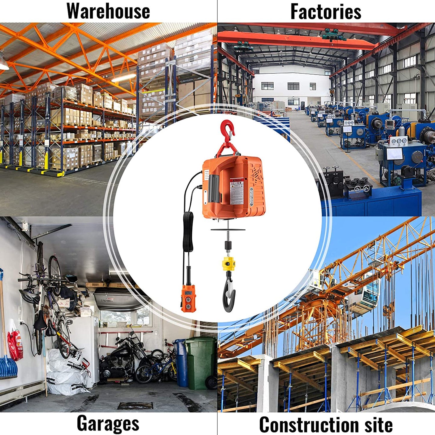3-in-1 electric hoist winch with remote controls and accessories

Copper motor, remote features, lifting setup, hoist in workshop