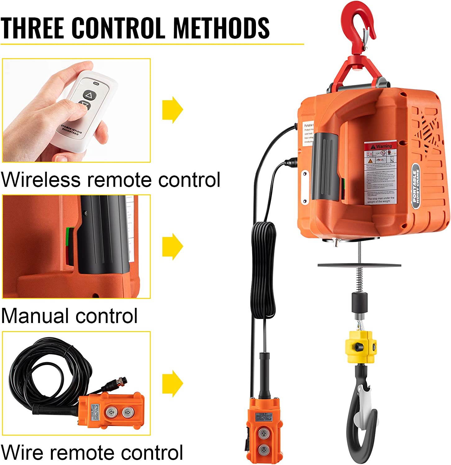 3-in-1 electric hoist winch with remote controls and accessories

Copper motor, remote features, lifting setup, hoist in workshop