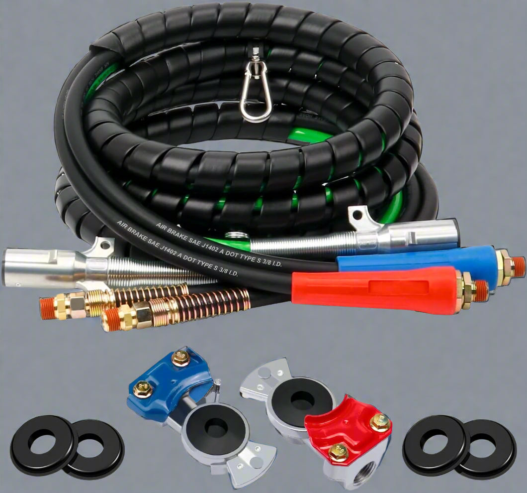 15FT semi truck 3-in-1 air line kit with red and blue glad hands

Rubber air hose assembly with 7-way ABS electrical cable

Heavy-duty tractor trailer air line with spring kit

DOT-compliant 3-in-1 air and electrical connection kit

Close-up of glad hands and ABS cable connectors