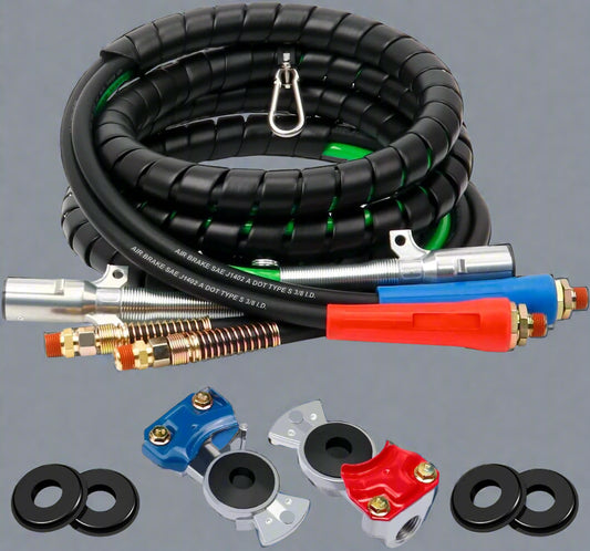 15FT semi truck 3-in-1 air line kit with red and blue glad hands

Rubber air hose assembly with 7-way ABS electrical cable

Heavy-duty tractor trailer air line with spring kit

DOT-compliant 3-in-1 air and electrical connection kit

Close-up of glad hands and ABS cable connectors