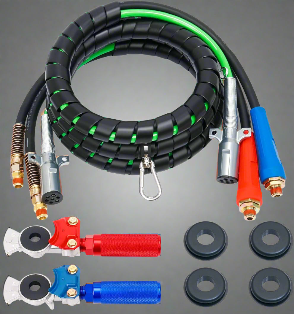 15FT semi truck 3-in-1 air line kit with red and blue glad hands

Rubber air hose assembly with 7-way ABS electrical cable

Heavy-duty tractor trailer air line with spring kit

DOT-compliant 3-in-1 air and electrical connection kit

Close-up of glad hands and ABS cable connectors