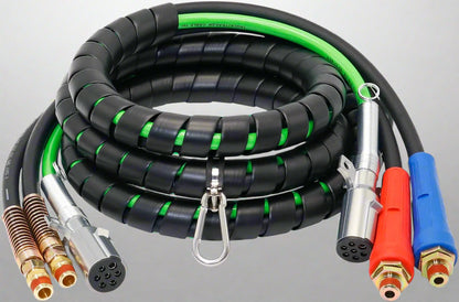 15FT semi truck 3-in-1 air line kit with red and blue glad hands

Rubber air hose assembly with 7-way ABS electrical cable

Heavy-duty tractor trailer air line with spring kit

DOT-compliant 3-in-1 air and electrical connection kit

Close-up of glad hands and ABS cable connectors