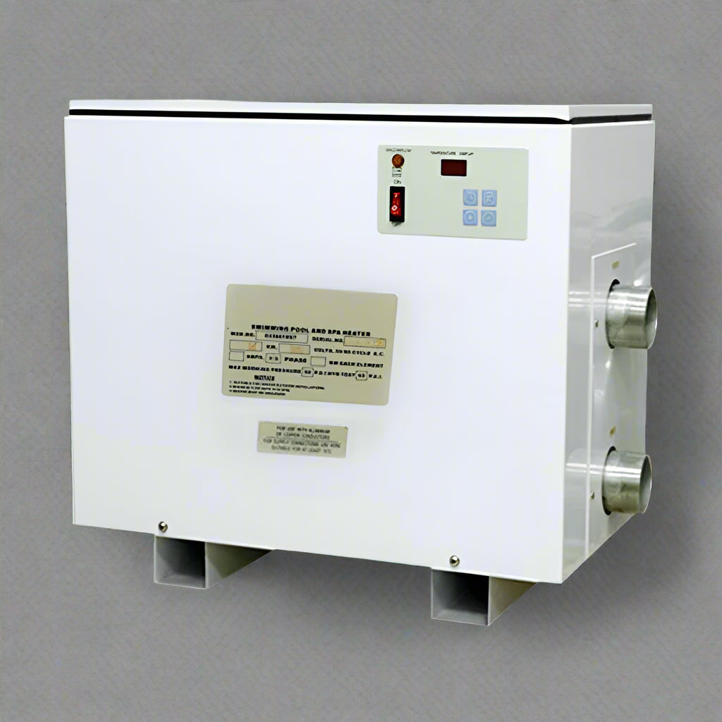 15KW 220V Electric Pool and Spa Heater front view

Side view of the pool heater showing stainless steel connectors

Close-up of the control panel and safety system

Pool heater with auto-temperature display

15KW water heater for swimming pools and spas