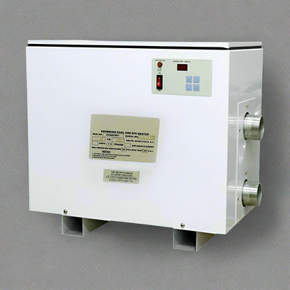 15KW 220V Electric Pool and Spa Heater front view

Side view of the pool heater showing stainless steel connectors

Close-up of the control panel and safety system

Pool heater with auto-temperature display

15KW water heater for swimming pools and spas