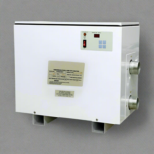 15KW 220V Electric Pool and Spa Heater front view

Side view of the pool heater showing stainless steel connectors

Close-up of the control panel and safety system

Pool heater with auto-temperature display

15KW water heater for swimming pools and spas