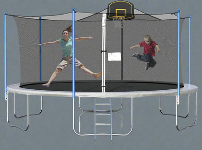 “16 ft backyard trampoline with safety net and basketball hoop”

“14 ft outdoor trampoline set with enclosure”

“Trampoline accessories including anchor kit and skywalker net”

“High-strength trampoline springs and UV-resistant mat”