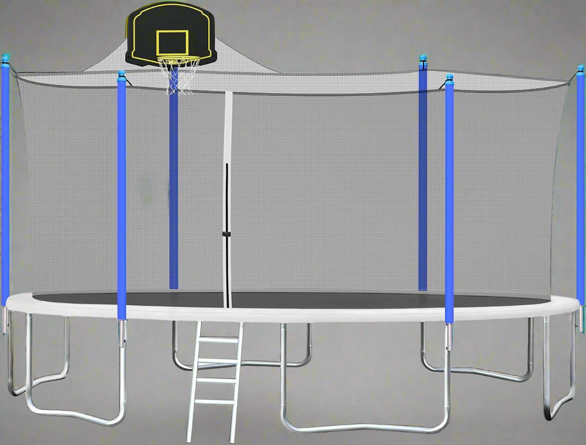 “16 ft backyard trampoline with safety net and basketball hoop”

“14 ft outdoor trampoline set with enclosure”

“Trampoline accessories including anchor kit and skywalker net”

“High-strength trampoline springs and UV-resistant mat”