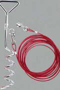 Red tie-out cable and spiral stake set for dogs
Close-up of spiral dog stake with cable
Plastic-coated steel dog leash cable
Dog tie-out cable in coiled position
Outdoor use of tie-out cable with dog