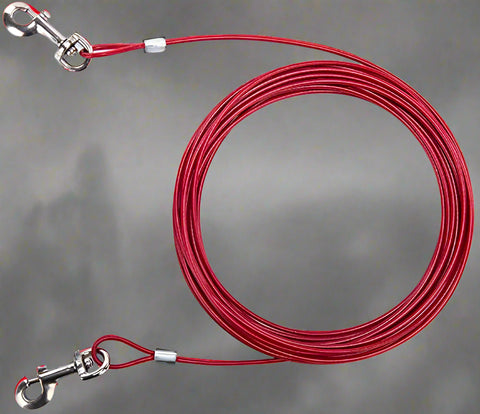 Red tie-out cable and spiral stake set for dogs
Close-up of spiral dog stake with cable
Plastic-coated steel dog leash cable
Dog tie-out cable in coiled position
Outdoor use of tie-out cable with dog