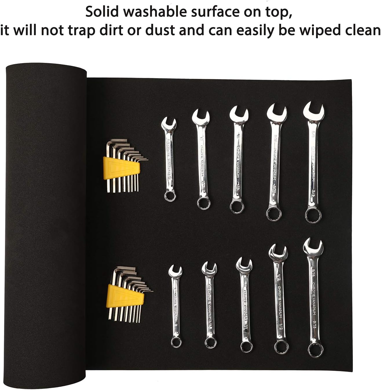 EVA Non-Slip Tool Drawer Liner – Rolled View

Tool Drawer Liner with Wrench Set – In Use

Toolbox with EVA Liner – Overhead View

Cut-to-Fit EVA Foam Liner for Garage Drawers

Black EVA Protective Mat – Flat Surface Display