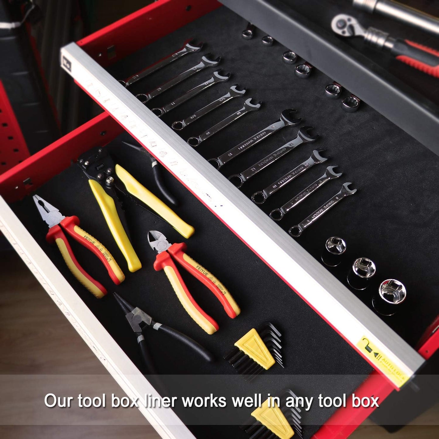 EVA Non-Slip Tool Drawer Liner – Rolled View

Tool Drawer Liner with Wrench Set – In Use

Toolbox with EVA Liner – Overhead View

Cut-to-Fit EVA Foam Liner for Garage Drawers

Black EVA Protective Mat – Flat Surface Display
