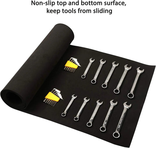 EVA Non-Slip Tool Drawer Liner – Rolled View

Tool Drawer Liner with Wrench Set – In Use

Toolbox with EVA Liner – Overhead View

Cut-to-Fit EVA Foam Liner for Garage Drawers

Black EVA Protective Mat – Flat Surface Display