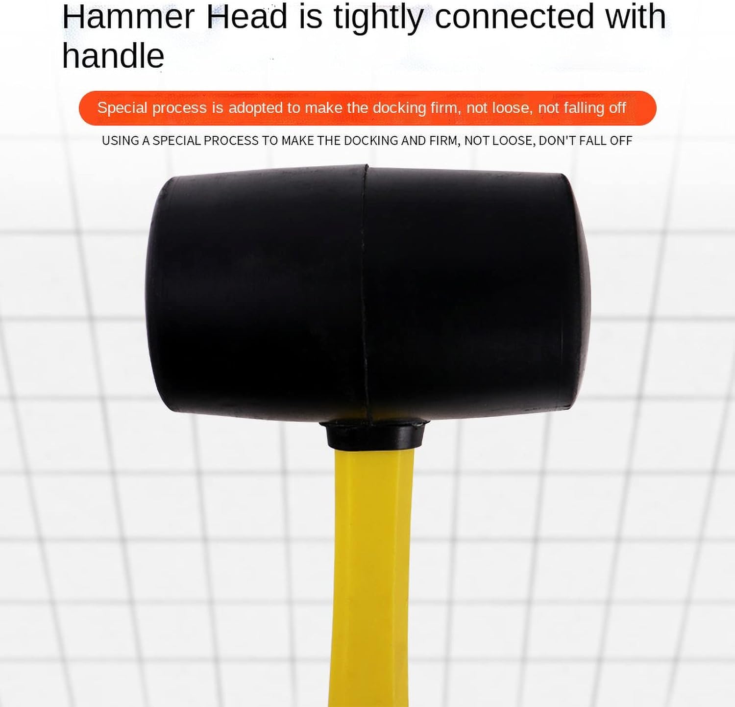 16 oz rubber mallet with fiberglass handle and black head

Soft strike mallet ideal for woodworking and tile work

Close-up of non-marring rubber head on mallet

Yellow and black rubber hammer with anti-slip grip

DIY rubber mallet for carpentry and general repairs