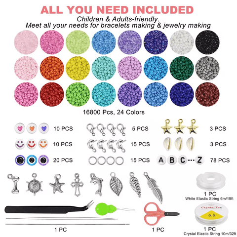 Jewelry making kit with 16800 colorful clay beads and accessories
DIY jewelry craft set with storage and beading tools
24 color jewelry bead kit with tweezers, thread and jump rings
Beading supplies kit for bracelets, necklaces, and earrings
Polymer clay beads organized in labeled storage boxes