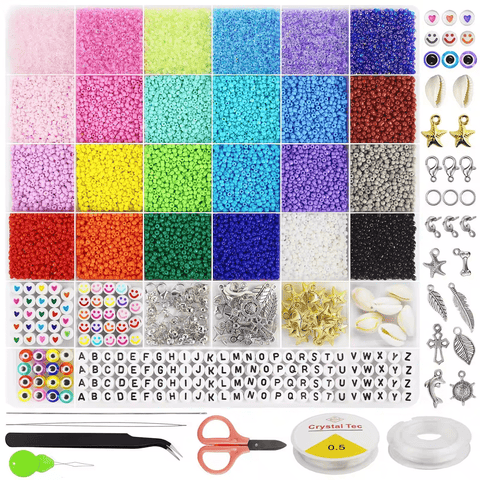 Jewelry making kit with 16800 colorful clay beads and accessories
DIY jewelry craft set with storage and beading tools
24 color jewelry bead kit with tweezers, thread and jump rings
Beading supplies kit for bracelets, necklaces, and earrings
Polymer clay beads organized in labeled storage boxes