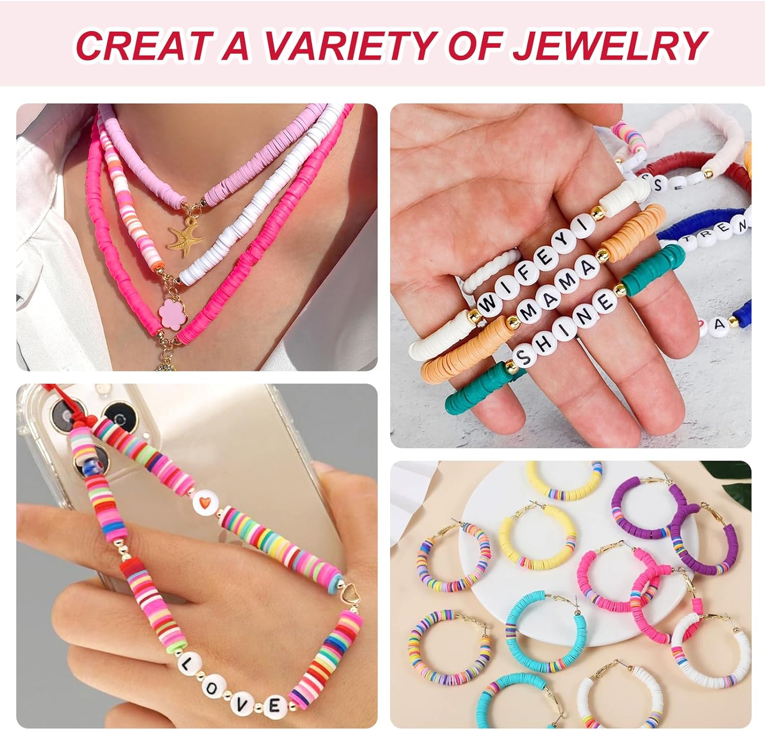 Jewelry making kit with 16800 colorful clay beads and accessories
DIY jewelry craft set with storage and beading tools
24 color jewelry bead kit with tweezers, thread and jump rings
Beading supplies kit for bracelets, necklaces, and earrings
Polymer clay beads organized in labeled storage boxes