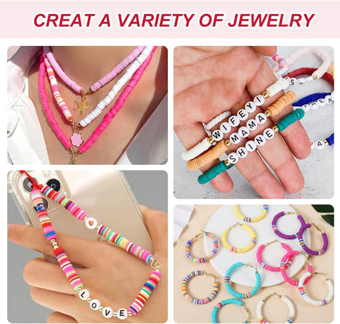Jewelry making kit with 16800 colorful clay beads and accessories
DIY jewelry craft set with storage and beading tools
24 color jewelry bead kit with tweezers, thread and jump rings
Beading supplies kit for bracelets, necklaces, and earrings
Polymer clay beads organized in labeled storage boxes