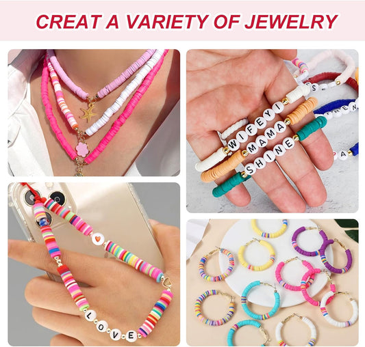 Jewelry making kit with 16800 colorful clay beads and accessories
DIY jewelry craft set with storage and beading tools
24 color jewelry bead kit with tweezers, thread and jump rings
Beading supplies kit for bracelets, necklaces, and earrings
Polymer clay beads organized in labeled storage boxes