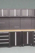 Full 17-piece diamond plate garage cabinet set

Side view of heavy-duty steel tool bench system

Overhead cabinets and drawers with diamond plate finish

Tool bench workstation with storage drawers

Black powder-coated steel cabinet close-up