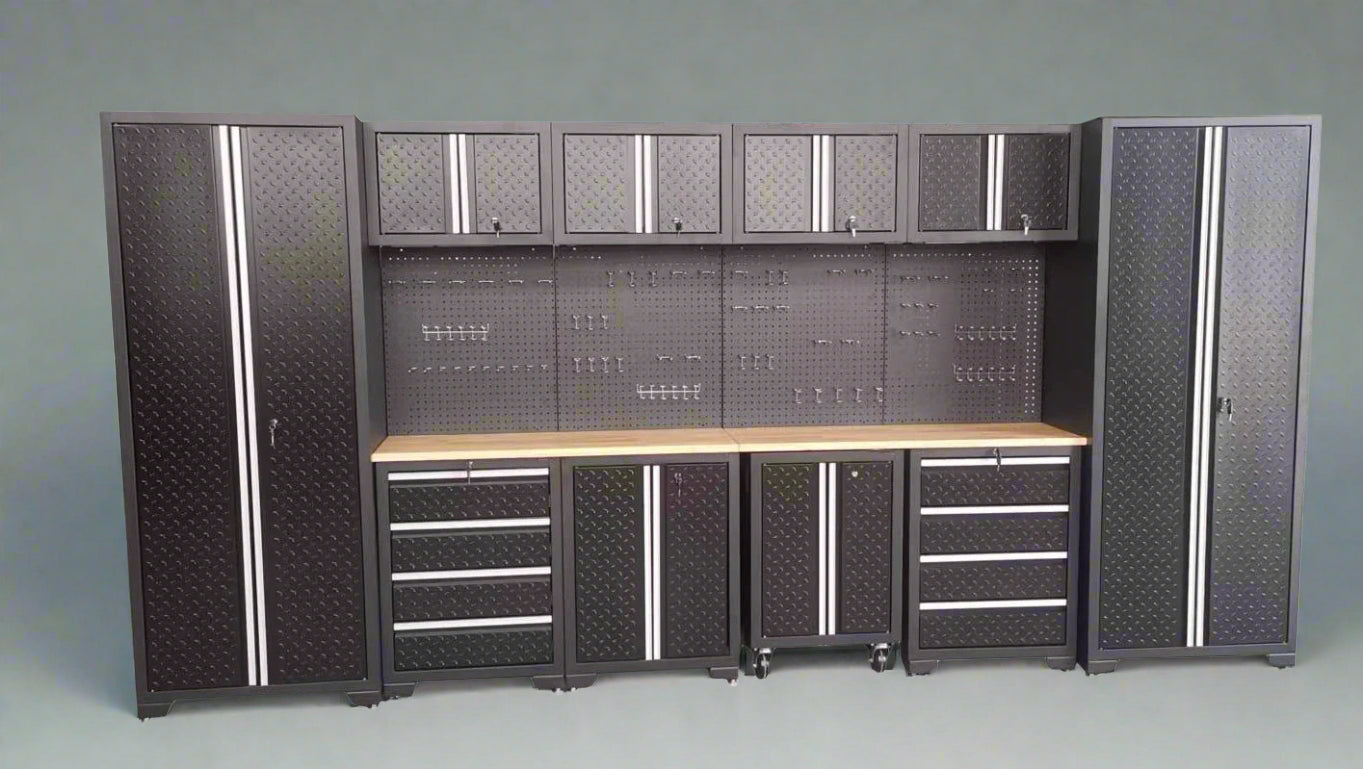 Full 17-piece diamond plate garage cabinet set

Side view of heavy-duty steel tool bench system

Overhead cabinets and drawers with diamond plate finish

Tool bench workstation with storage drawers

Black powder-coated steel cabinet close-up