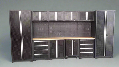 Full 17-piece diamond plate garage cabinet set

Side view of heavy-duty steel tool bench system

Overhead cabinets and drawers with diamond plate finish

Tool bench workstation with storage drawers

Black powder-coated steel cabinet close-up