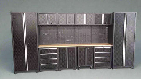 Full 17-piece diamond plate garage cabinet set

Side view of heavy-duty steel tool bench system

Overhead cabinets and drawers with diamond plate finish

Tool bench workstation with storage drawers

Black powder-coated steel cabinet close-up