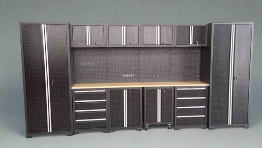 Full 17-piece diamond plate garage cabinet set

Side view of heavy-duty steel tool bench system

Overhead cabinets and drawers with diamond plate finish

Tool bench workstation with storage drawers

Black powder-coated steel cabinet close-up