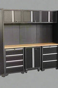 Full 17-piece diamond plate garage cabinet set

Side view of heavy-duty steel tool bench system

Overhead cabinets and drawers with diamond plate finish

Tool bench workstation with storage drawers

Black powder-coated steel cabinet close-up