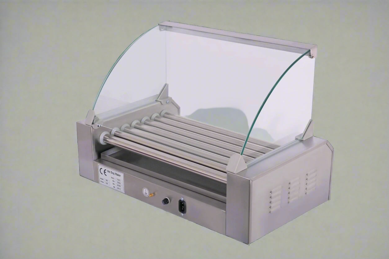 ETR27 Hot Dog Roller Machine – Front View with Glass Cover

Commercial Hot Dog Grill – Stainless Steel Build

18-Roller Grill Cooker – Side View

Food Warmer Grill – Dual Control Panel Close-Up

Hot Dog Roller in Use – Event or Store Setup