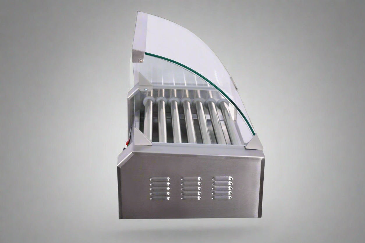 ETR27 Hot Dog Roller Machine – Front View with Glass Cover

Commercial Hot Dog Grill – Stainless Steel Build

18-Roller Grill Cooker – Side View

Food Warmer Grill – Dual Control Panel Close-Up

Hot Dog Roller in Use – Event or Store Setup