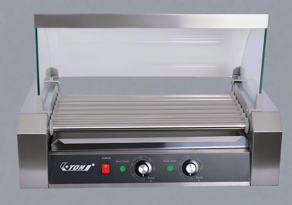 ETR27 Hot Dog Roller Machine – Front View with Glass Cover

Commercial Hot Dog Grill – Stainless Steel Build

18-Roller Grill Cooker – Side View

Food Warmer Grill – Dual Control Panel Close-Up

Hot Dog Roller in Use – Event or Store Setup