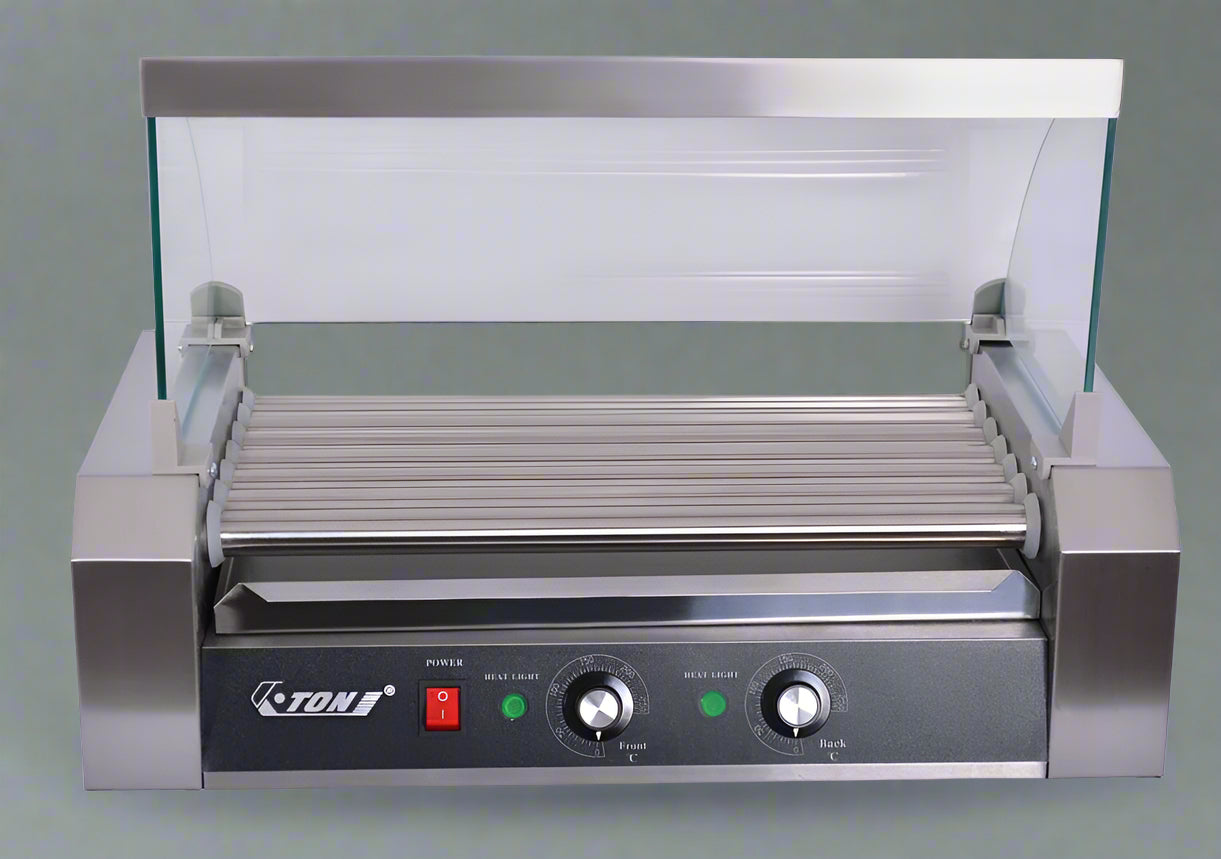 ETR27 Hot Dog Roller Machine – Front View with Glass Cover

Commercial Hot Dog Grill – Stainless Steel Build

18-Roller Grill Cooker – Side View

Food Warmer Grill – Dual Control Panel Close-Up

Hot Dog Roller in Use – Event or Store Setup