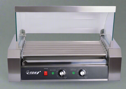 ETR27 Hot Dog Roller Machine – Front View with Glass Cover

Commercial Hot Dog Grill – Stainless Steel Build

18-Roller Grill Cooker – Side View

Food Warmer Grill – Dual Control Panel Close-Up

Hot Dog Roller in Use – Event or Store Setup