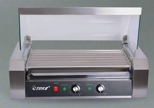 ETR27 Hot Dog Roller Machine – Front View with Glass Cover

Commercial Hot Dog Grill – Stainless Steel Build

18-Roller Grill Cooker – Side View

Food Warmer Grill – Dual Control Panel Close-Up

Hot Dog Roller in Use – Event or Store Setup
