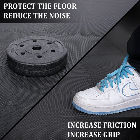 Black EVA foam puzzle mats – 18 pcs interlocking set
Interlocking foam gym flooring in the home workout room
Close-up of EVA foam tile texture and thickness
Waterproof gym mat floor tiles arranged in a 6 ft x 3 ft area
Protective EVA floor mat tiles are used under gym equipment
