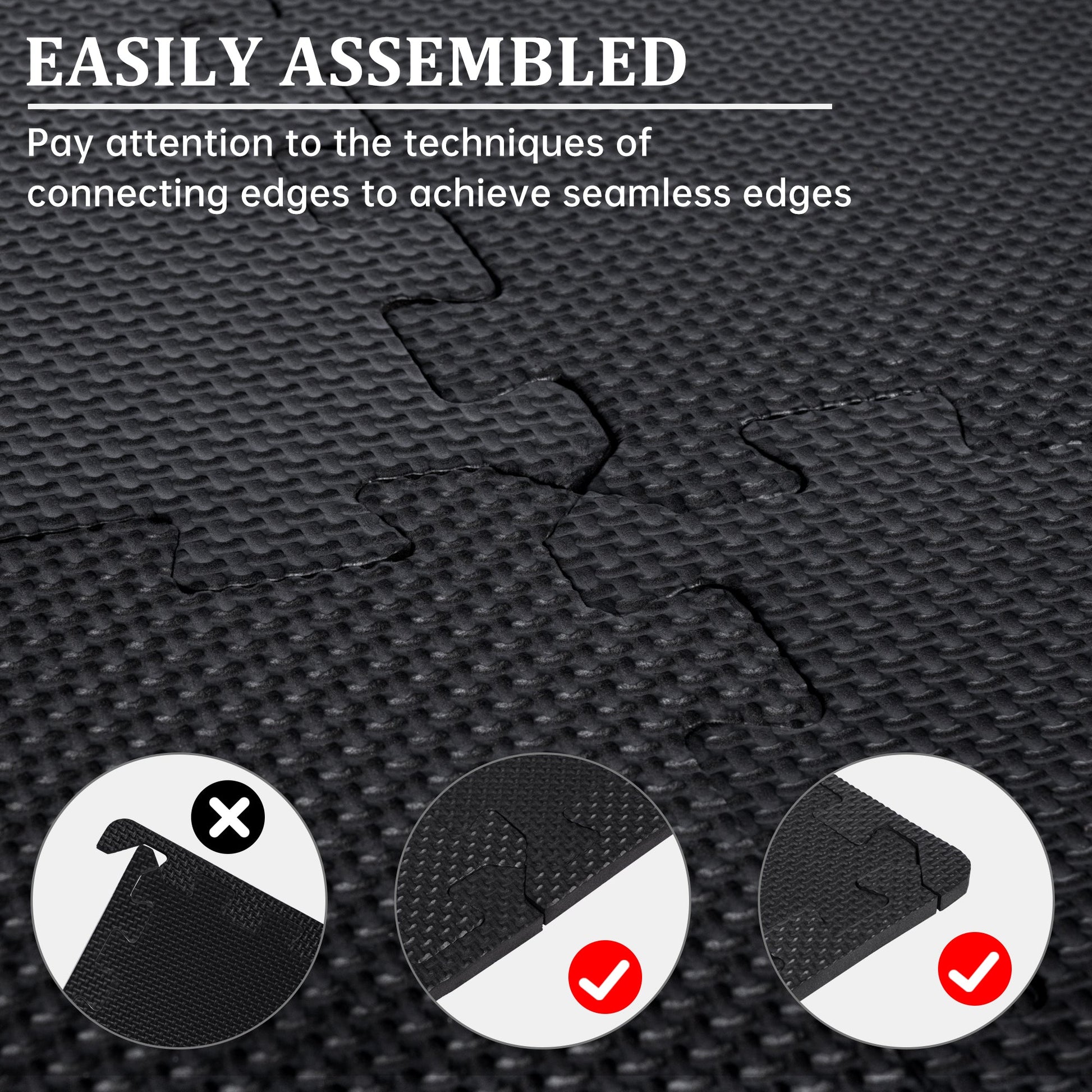 Black EVA foam puzzle mats – 18 pcs interlocking set
Interlocking foam gym flooring in the home workout room
Close-up of EVA foam tile texture and thickness
Waterproof gym mat floor tiles arranged in a 6 ft x 3 ft area
Protective EVA floor mat tiles are used under gym equipment