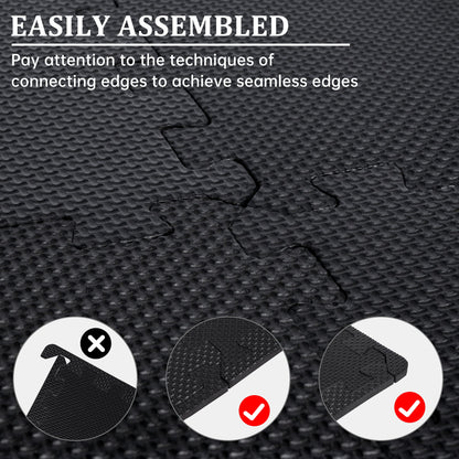 Black EVA foam puzzle mats – 18 pcs interlocking set
Interlocking foam gym flooring in the home workout room
Close-up of EVA foam tile texture and thickness
Waterproof gym mat floor tiles arranged in a 6 ft x 3 ft area
Protective EVA floor mat tiles are used under gym equipment