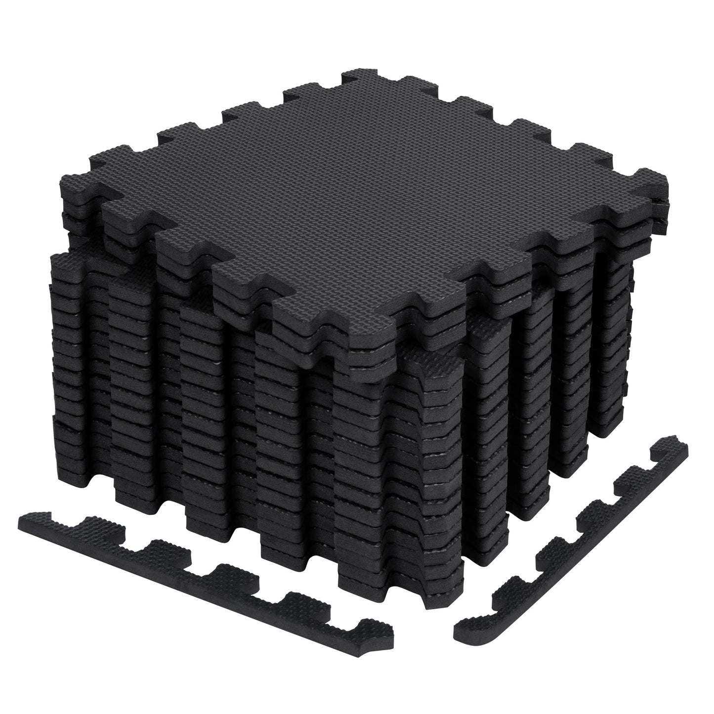 Black EVA foam puzzle mats – 18 pcs interlocking set
Interlocking foam gym flooring in the home workout room
Close-up of EVA foam tile texture and thickness
Waterproof gym mat floor tiles arranged in a 6 ft x 3 ft area
Protective EVA floor mat tiles are used under gym equipment