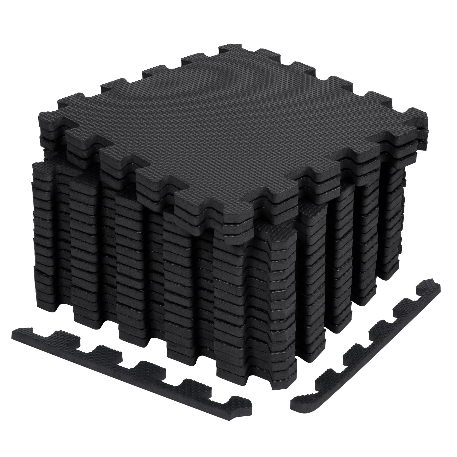Black EVA foam puzzle mats – 18 pcs interlocking set
Interlocking foam gym flooring in the home workout room
Close-up of EVA foam tile texture and thickness
Waterproof gym mat floor tiles arranged in a 6 ft x 3 ft area
Protective EVA floor mat tiles are used under gym equipment