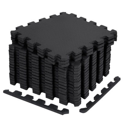 Black EVA foam puzzle mats – 18 pcs interlocking set
Interlocking foam gym flooring in the home workout room
Close-up of EVA foam tile texture and thickness
Waterproof gym mat floor tiles arranged in a 6 ft x 3 ft area
Protective EVA floor mat tiles are used under gym equipment